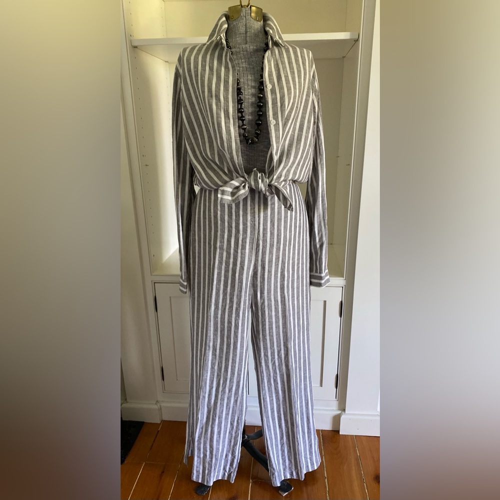 Two piece charcoal and white striped linen pants and shirt